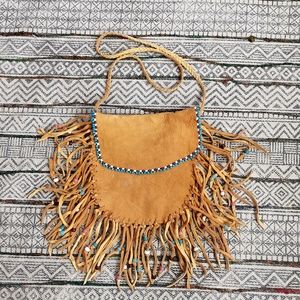 Vintgae Handmade Tassel Beads Suede Leather Cross Body Small Bag